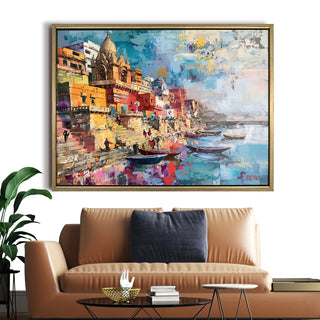 Banaras Ghats Painting Wall Art – Varanasi Riverfront with Golden Floater Frame – HD Print Large Canvas, Ready to Hang, Size: 3X4FT, (BAWA02).