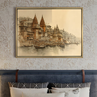 Banaras Ghats Painting Wall Art – Varanasi Riverfront with Golden Floater Frame – HD Print Large Canvas, Ready to Hang, Size: 3X4FT, (BAWA21).