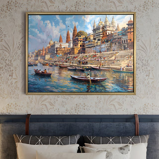 Banaras Ghats Painting Wall Art – Varanasi Riverfront with Golden Floater Frame – HD Print Large Canvas, Ready to Hang, Size: 3X4FT, (BAWA27).