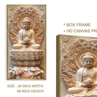 Sacred Buddha Portrait on Lotus Throne Wall Art, HD Canvas Print, Golden Box Framed, Ready to Hang, (48 In x 24 In) (BUDDHA-WA-42)