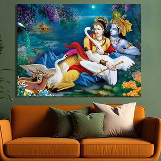 Lord Radha Krishna Divine Large Wall Art - Devotional Artwork Unique Religious Canvas Framed Paintings Modern Art For Living Room Bedroom Office Decor. (RKWA02)