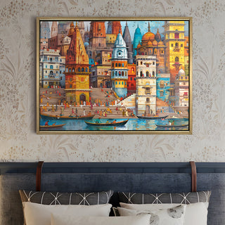 Banaras Ghats Painting Wall Art – Varanasi Riverfront with Golden Floater Frame – HD Print Large Canvas, Ready to Hang, Size: 3X4FT, (BAWA11).