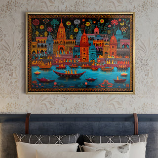 Banaras Ghats Painting Wall Art – Varanasi Riverfront with Golden Floater Frame – HD Print Large Canvas, Ready to Hang, Size: 3X4FT, (BAWA12).