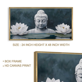 Buddha with White Lotus Wall Art, HD Canvas Print, Golden Box Framed, Ready to Hang, (24 In x 48 In) (BUDDHA-WA-02)