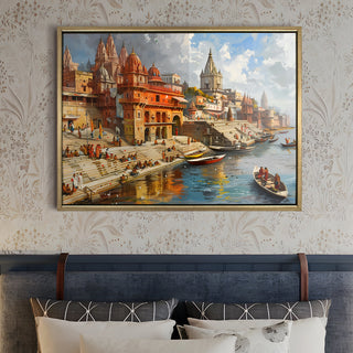 Banaras Ghats Painting Wall Art – Varanasi Riverfront with Golden Floater Frame – HD Print Large Canvas, Ready to Hang, Size: 3X4FT, (BAWA07).