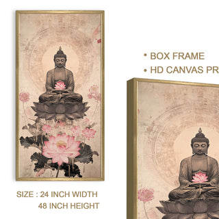 Tranquil Buddha with Pink Lotus Portrait Wall Art, HD Canvas Print, Golden Box Framed, Ready to Hang, (48 In x 24 In) (BUDDHA-WA-35)