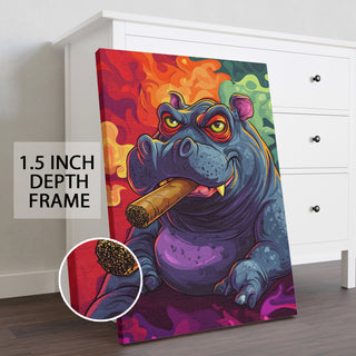 Smokin’ Hippo Hustle Wall Art Painting, HD Canvas Print, Framed, Ready to Hang. (GRFWA82)