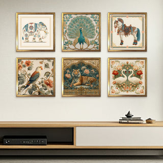 Ethnic Wall Art Set of 6 | HD Canvas Print | Ready to Hang | Golden Box Frame Panels for Home & Office Décor | Each Frame Size: 14X14 INCH (ETHF08)