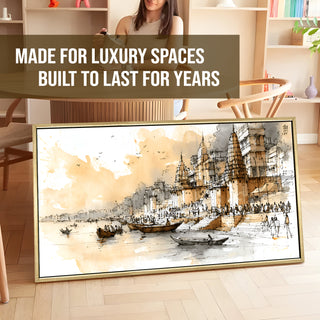 Banaras Ghats Painting Wall Art – Varanasi Riverfront with Golden Floater Frame – HD Print Large Canvas, Ready to Hang, Size: 2X4FT, (BAWA41).
