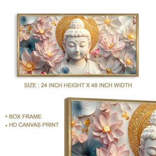 Divine Buddha with Lotus Wall Art, HD Canvas Print, Golden Box Framed, Ready to Hang, (24 In x 48 In) (BUDDHA-WA-18)
