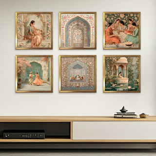 Ethnic Wall Art Set of 6 | HD Canvas Print | Ready to Hang | Golden Box Frame Panels for Home & Office Décor | Each Frame Size: 14X14 INCH (ETHF07)