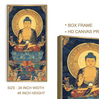 Golden Buddha Portrait on Blue Lotus Wall Art, HD Canvas Print, Golden Box Framed, Ready to Hang, (48 In x 24 In) (BUDDHA-WA-44)