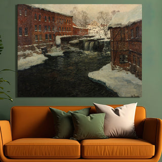 Winter River by the Mill Painting | HD Canvas Print | Ready to Hang | Wall Art for Bedroom, living room, Hallway (CMWA07)