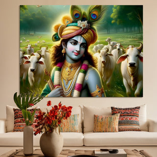 Lord Radha Krishna Divine Large Wall Art - Devotional Artwork Unique Religious Canvas Framed Paintings Modern Art For Living Room Bedroom Office Decor. (RKWA03)