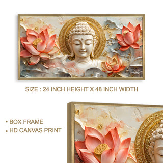 Serene Buddha & Red Lotus Wall Art, HD Canvas Print, Golden Box Framed, Ready to Hang, (24 In x 48 In) (BUDDHA-WA-25)