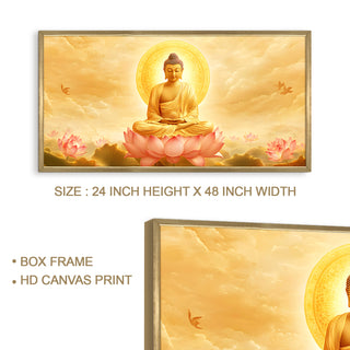 Meditating Buddha with Golden Aura Wall Art, HD Canvas Print, Golden Box Framed, Ready to Hang, (24 In x 48 In) (BUDDHA-WA-03)