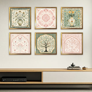 Ethnic Wall Art Set of 6 | HD Canvas Print | Ready to Hang | Golden Box Frame Panels for Home & Office Décor | Each Frame Size: 14X14 INCH (ETHF01)