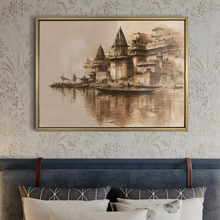 Banaras Ghats Painting Wall Art – Varanasi Riverfront with Golden Floater Frame – HD Print Large Canvas, Ready to Hang, Size: 3X4FT, (BAWA30).