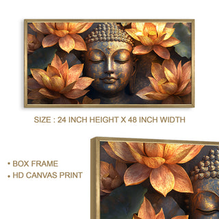 Golden Buddha with Lotus Wall Art, HD Canvas Print, Golden Box Framed, Ready to Hang, (24 In x 48 In) (BUDDHA-WA-17)