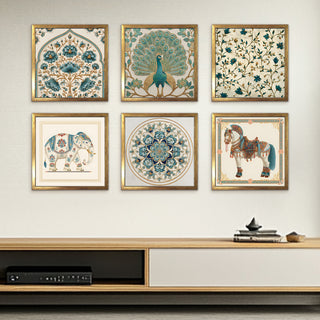 Ethnic Wall Art Set of 6 | HD Canvas Print | Ready to Hang | Golden Box Frame Panels for Home & Office Décor | Each Frame Size: 14X14 INCH (ETHF09)