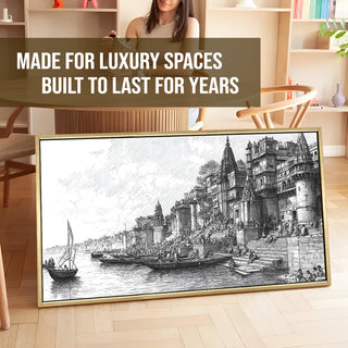 Banaras Ghats Painting Wall Art – Varanasi Riverfront with Golden Floater Frame – HD Print Large Canvas, Ready to Hang, Size: 2X4FT, (BAWA42).