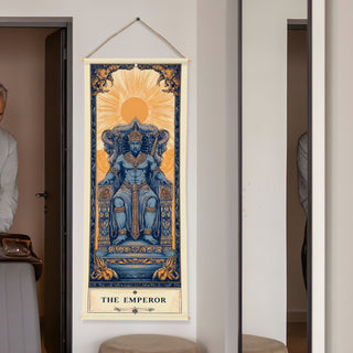 The Emperor Tarot Tapestry | Majestic King on Throne Wall Hanging, Thick fabric, HD Print, Ready to Hang Wall Décor. Size 24 In x 60 In. (TAROTTPS05)