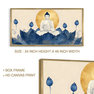 Blue Lotus Buddha Wall Art, HD Canvas Print, Golden Box Framed, Ready to Hang, (24 In x 48 In) (BUDDHA-WA-14)