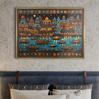Banaras Ghats Painting Wall Art – Varanasi Riverfront with Golden Floater Frame – HD Print Large Canvas, Ready to Hang, Size: 3X4FT, (BAWA08).