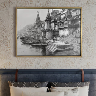 Banaras Ghats Painting Wall Art – Varanasi Riverfront with Golden Floater Frame – HD Print Large Canvas, Ready to Hang, Size: 3X4FT, (BAWA06).