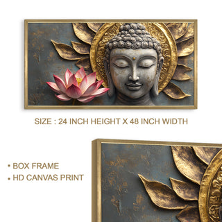 Divine Buddha & Lotus Blossom Wall Art, HD Canvas Print, Golden Box Framed, Ready to Hang, (24 In x 48 In) (BUDDHA-WA-10)