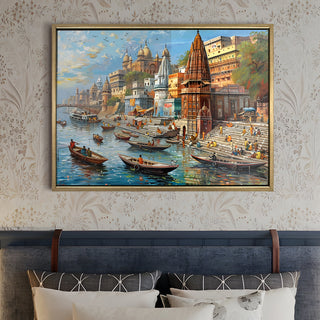 Banaras Ghats Painting Wall Art – Varanasi Riverfront with Golden Floater Frame – HD Print Large Canvas, Ready to Hang, Size: 3X4FT, (BAWA29).
