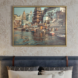 Banaras Ghats Painting Wall Art – Varanasi Riverfront with Golden Floater Frame – HD Print Large Canvas, Ready to Hang, Size: 3X4FT, (BAWA25).