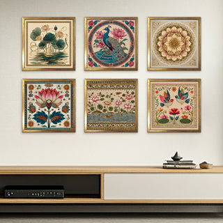 Ethnic Wall Art Set of 6 | HD Canvas Print | Ready to Hang | Golden Box Frame Panels for Home & Office Décor | Each Frame Size: 14X14 INCH (ETHF02)