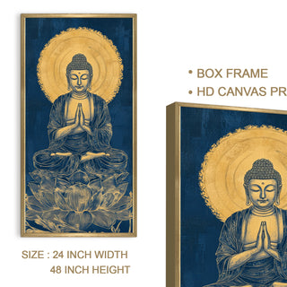 Golden Outline Buddha Portrait on Lotus Wall Art, HD Canvas Print, Golden Box Framed, Ready to Hang, (48 In x 24 In) (BUDDHA-WA-46)