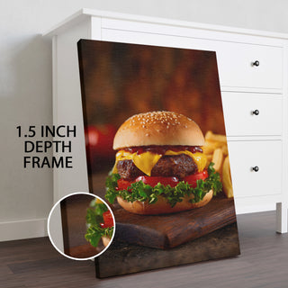 Juicy Cheeseburger - Fast Food Kitchen or Restaurant Wall Art, HD Canvas Print, Framed, Ready to Hang. (KITWA028)