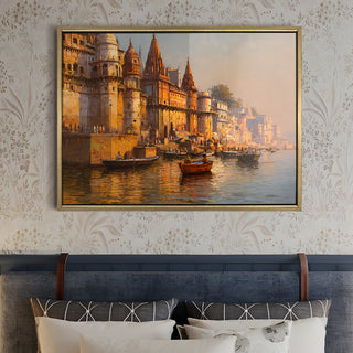 Banaras Ghats Painting Wall Art – Varanasi Riverfront with Golden Floater Frame – HD Print Large Canvas, Ready to Hang, Size: 3X4FT, (BAWA16).