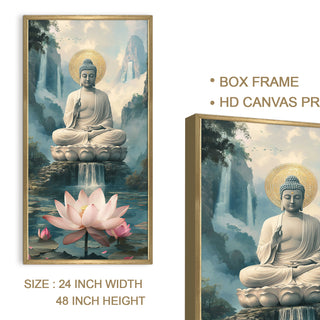 Serene Buddha Portrait with Lotus and Waterfall Wall Art, HD Canvas Print, Golden Box Framed, Ready to Hang, (48 In x 24 In) (BUDDHA-WA-38)