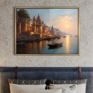Banaras Ghats Painting Wall Art – Varanasi Riverfront with Golden Floater Frame – HD Print Large Canvas, Ready to Hang, Size: 3X4FT, (BAWA19).
