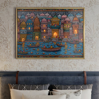 Banaras Ghats Painting Wall Art – Varanasi Riverfront with Golden Floater Frame – HD Print Large Canvas, Ready to Hang, Size: 3X4FT, (BAWA14).