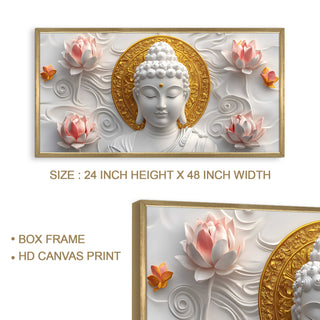 Golden Halo Buddha with Lotus Wall Art, HD Canvas Print, Golden Box Framed, Ready to Hang, (24 In x 48 In) (BUDDHA-WA-07)
