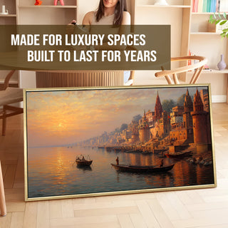 Banaras Ghats Painting Wall Art – Varanasi Riverfront with Golden Floater Frame – HD Print Large Canvas, Ready to Hang, Size: 2X4FT, (BAWA43).