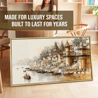 Banaras Ghats Painting Wall Art – Varanasi Riverfront with Golden Floater Frame – HD Print Large Canvas, Ready to Hang, Size: 2X4FT, (BAWA33).