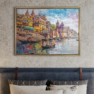 Banaras Ghats Painting Wall Art – Varanasi Riverfront with Golden Floater Frame – HD Print Large Canvas, Ready to Hang, Size: 3X4FT, (BAWA20).