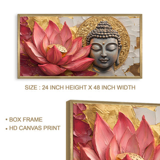Buddha with Red Lotus Wall Art, HD Canvas Print, Golden Box Framed, Ready to Hang, (24 In x 48 In) (BUDDHA-WA-09)
