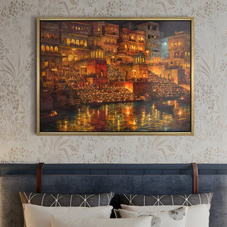Banaras Ghats Painting Wall Art – Varanasi Riverfront with Golden Floater Frame – HD Print Large Canvas, Ready to Hang, Size: 3X4FT, (BAWA09).