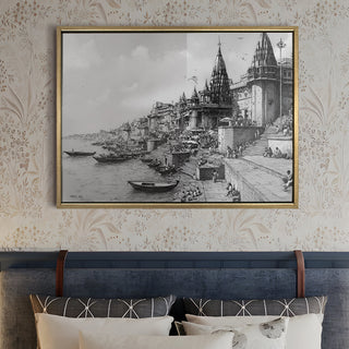 Banaras Ghats Painting Wall Art – Varanasi Riverfront with Golden Floater Frame – HD Print Large Canvas, Ready to Hang, Size: 3X4FT, (BAWA22).