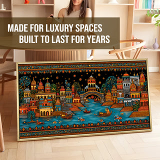 Banaras Ghats Painting Wall Art – Varanasi Riverfront with Golden Floater Frame – HD Print Large Canvas, Ready to Hang, Size: 2X4FT, (BAWA36).