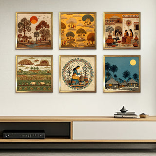 Ethnic Wall Art Set of 6 | HD Canvas Print | Ready to Hang | Golden Box Frame Panels for Home & Office Décor | Each Frame Size: 14X14 INCH (ETHF04)