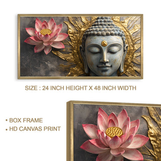 Golden Aura Buddha with Lotus Wall Art, HD Canvas Print, Golden Box Framed, Ready to Hang, (24 In x 48 In) (BUDDHA-WA-06)