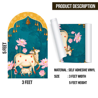 Pichwai Cow Temple Background Arch Wall Mural – Peel & Stick Cow Wallpaper – Waterproof Self Adhesive Vinyl Sticker for Living Room, Entryway – Size: 5ft x 3ft (PDAWALL02)